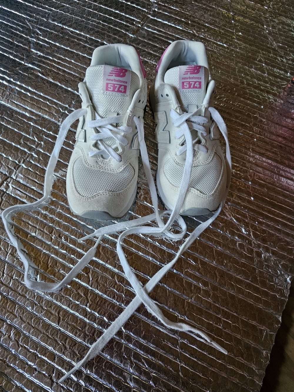 New Balance Kids Cream/White Sneakers with Pink Accents